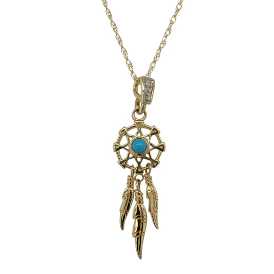 9ct Gold Diamond & Turquoise Set Dreamcatcher 18" Necklace