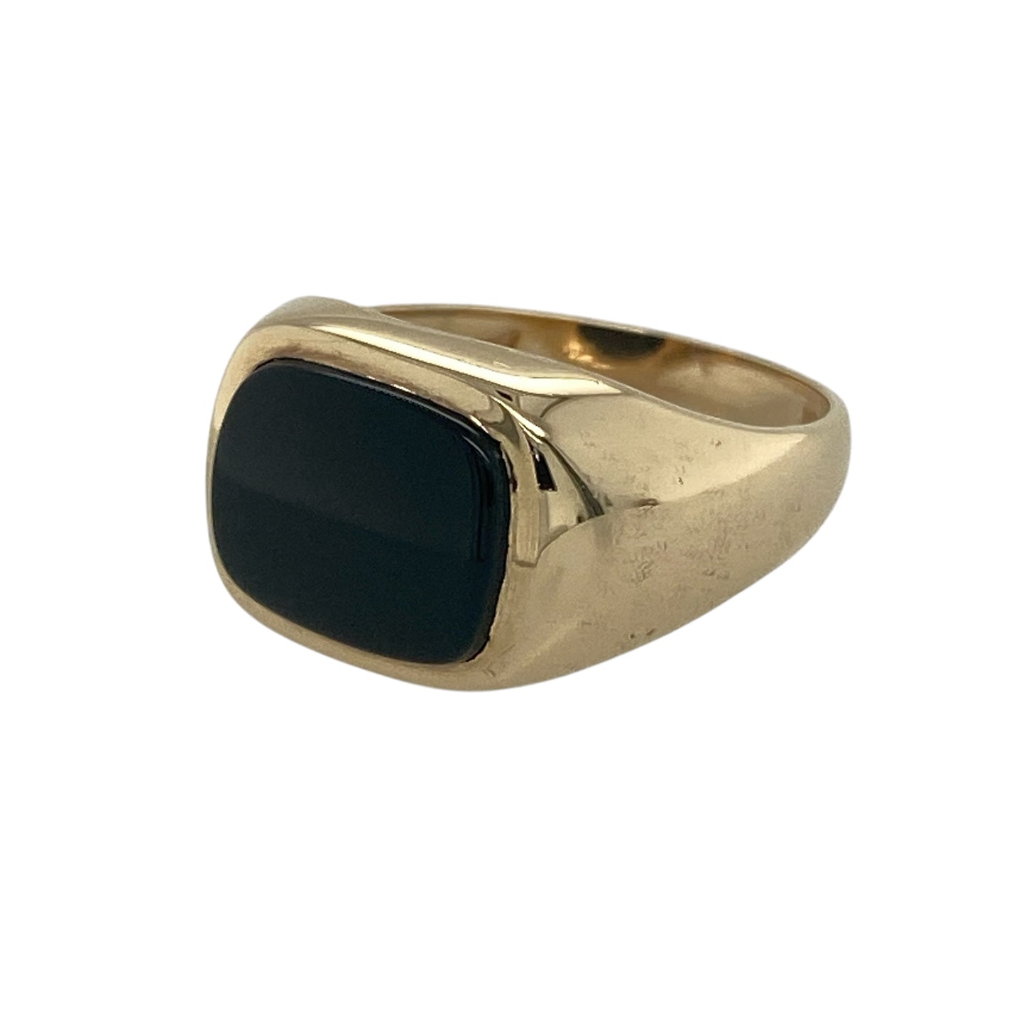 Bring timeless sophistication and bold contrast to your collection with this pre-owned 9ct yellow gold onyx rectangle signet ring—an effortlessly stylish piece that combines classic design with striking monochrome appeal.

Design: The ring features a 9mm by 7mm rectangular onyx gemstone, displaying a deep black, polished surface that contrasts beautifully with the warm tones of yellow gold. The traditional signet style offers a clean, structured look with enduring appeal.