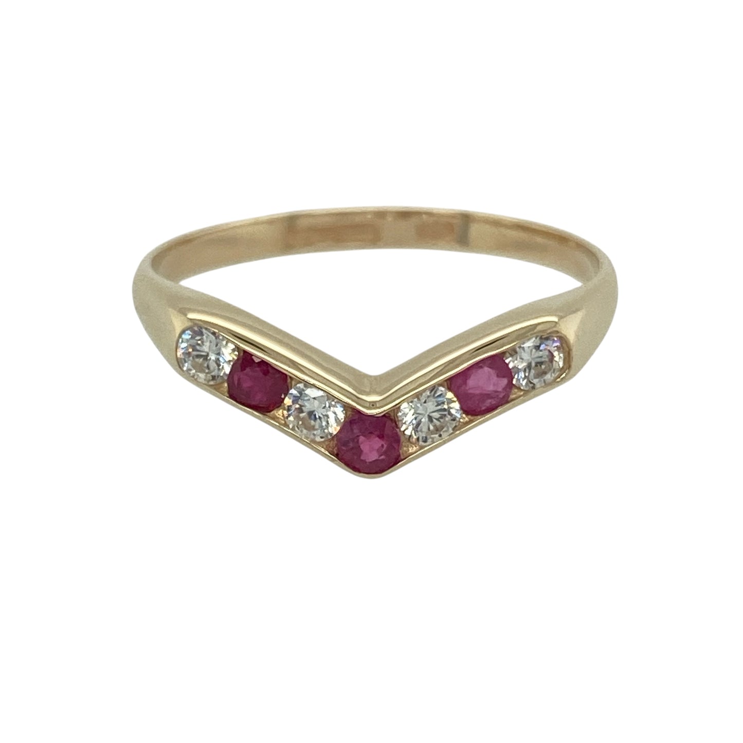 9ct Gold Ruby & Cubic Zirconia Set Wishbone Ring