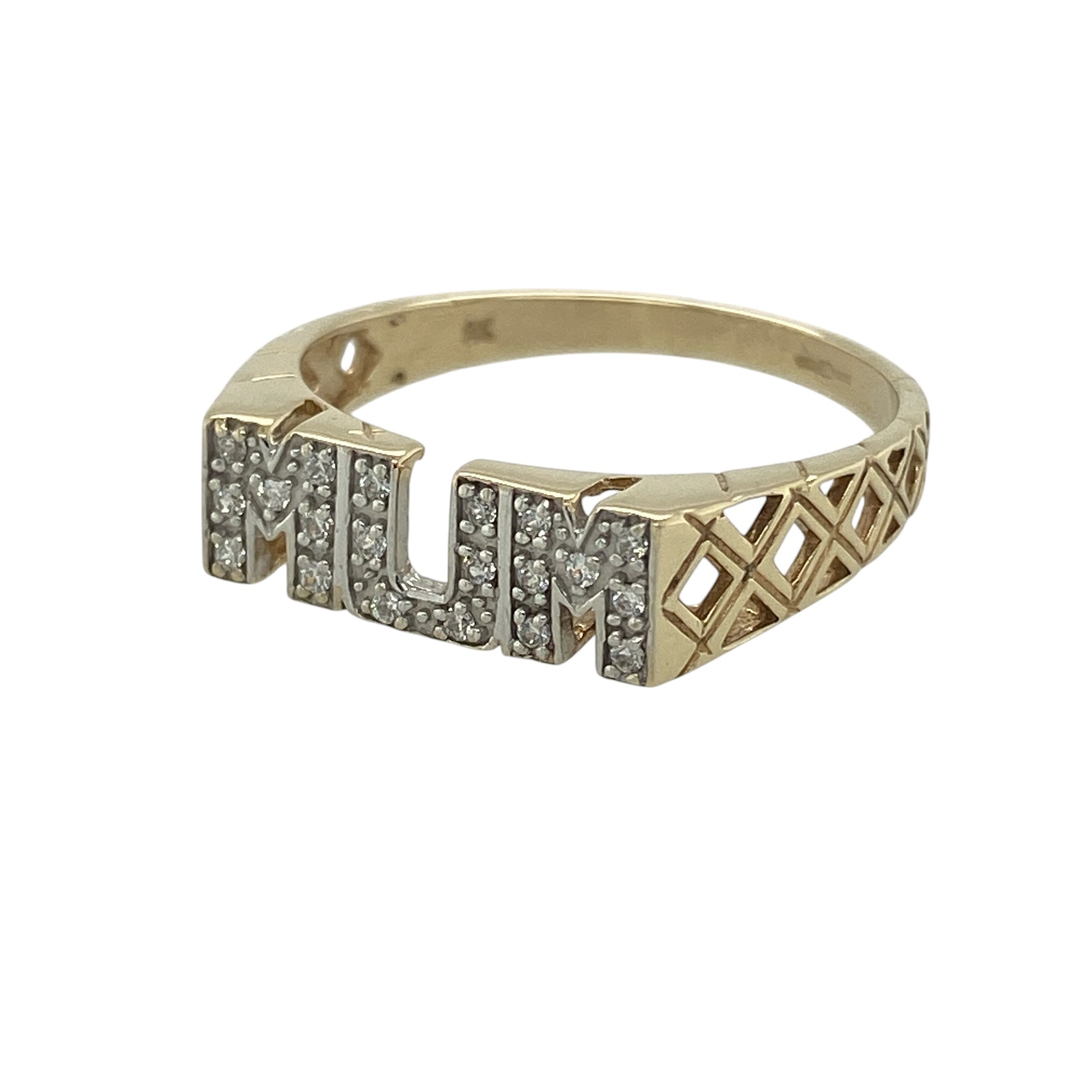 Celebrate love and sentiment with this pre-owned 9ct yellow and white gold cubic zirconia set Mum ring—an elegant and meaningful piece with a touch of sparkle and two-tone appeal.

Design: The front of the ring measures approximately 5mm in height, showcasing a classic Mum ring style accented with sparkling cubic zirconia stones. The shoulders feature an open criss-cross pattern, adding a decorative and eye-catching detail.
