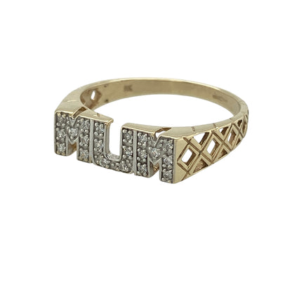 Celebrate love and sentiment with this pre-owned 9ct yellow and white gold cubic zirconia set Mum ring—an elegant and meaningful piece with a touch of sparkle and two-tone appeal.

Design: The front of the ring measures approximately 5mm in height, showcasing a classic Mum ring style accented with sparkling cubic zirconia stones. The shoulders feature an open criss-cross pattern, adding a decorative and eye-catching detail.