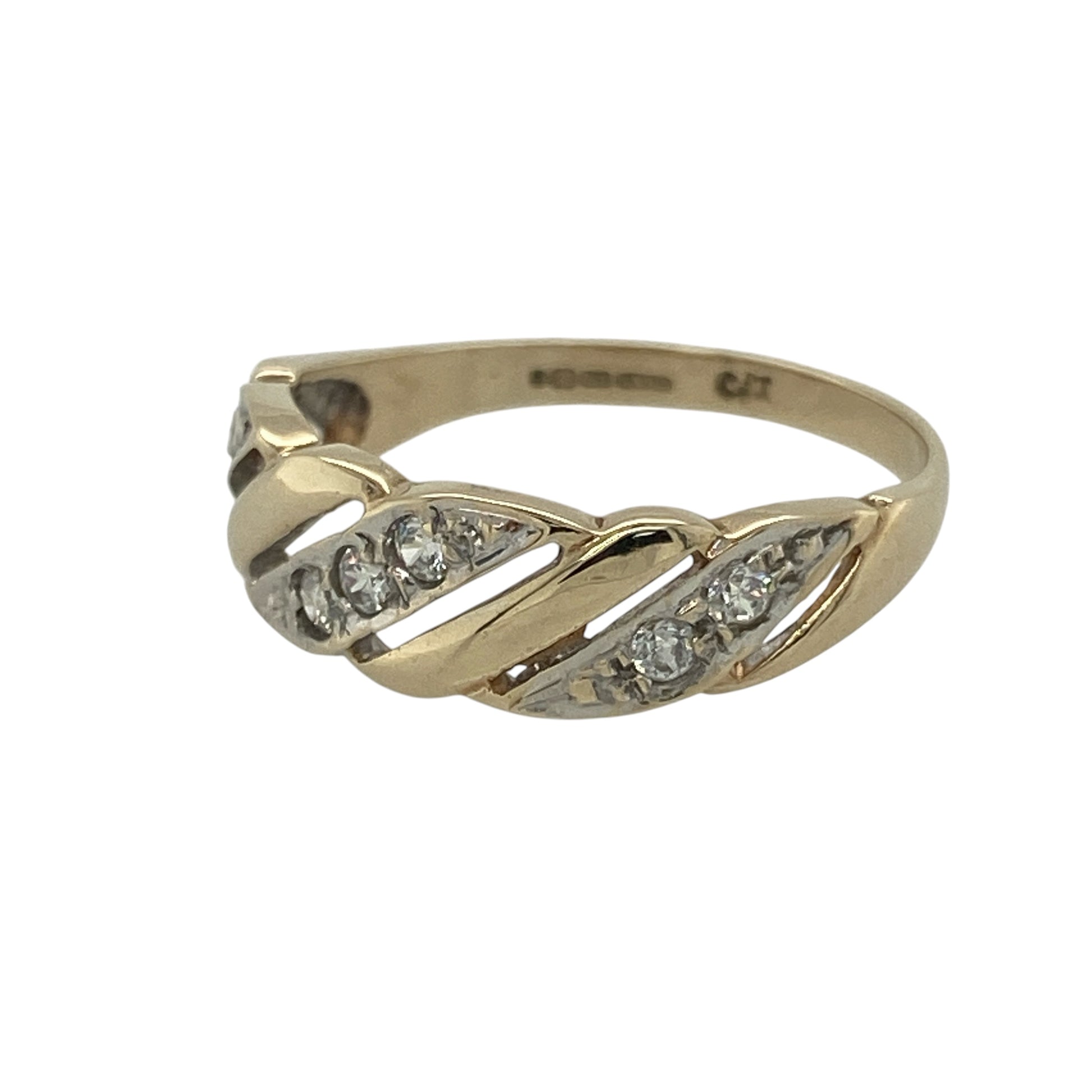 Add modern elegance and subtle sparkle to your collection with this pre-owned 9ct yellow and white gold cubic zirconia open twisted band ring—an eye-catching piece with a contemporary two-tone design.

Design: The ring features an open twisted band style, with the front measuring approximately 6mm wide, creating a flowing and dynamic look enhanced by sparkling cubic zirconia accents.