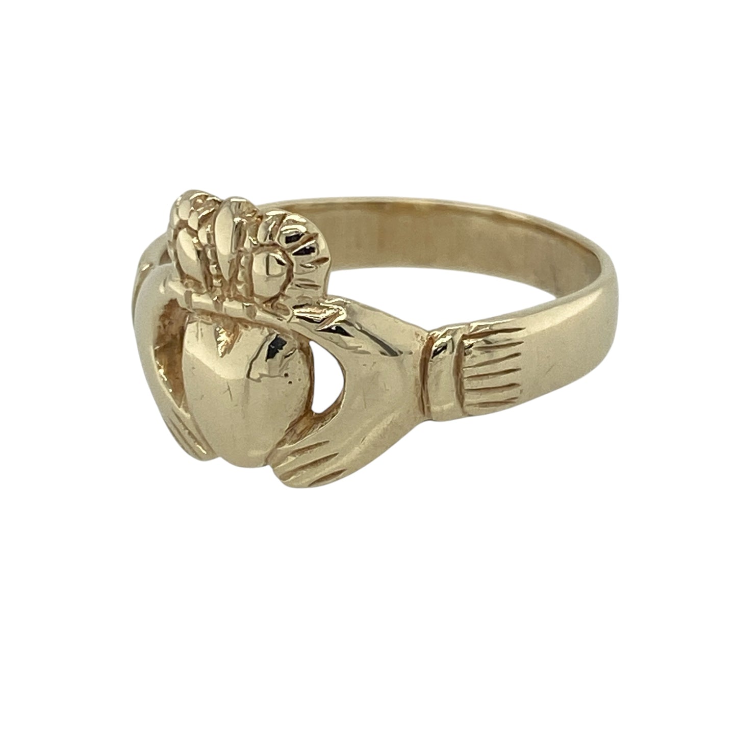Celebrate tradition and timeless symbolism with this pre-owned 9ct yellow gold Claddagh ring—an iconic design representing love, loyalty, and friendship.

Design: The ring features the classic Claddagh motif, with hands holding a heart topped by a crown, measuring approximately 12mm in height for a bold and recognisable look.
Material: Made from 9-carat yellow gold, the polished finish enhances the warmth of the metal and highlights the detailed design.