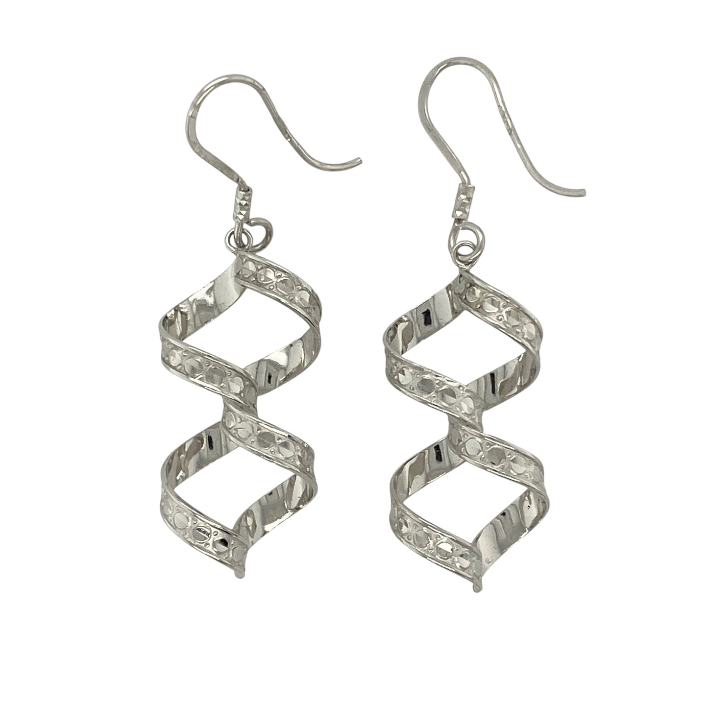 9ct White Gold Patterned Twisted Drop Earrings