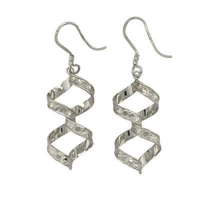 9ct White Gold Patterned Twisted Drop Earrings