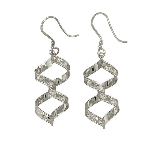 9ct White Gold Patterned Twisted Drop Earrings