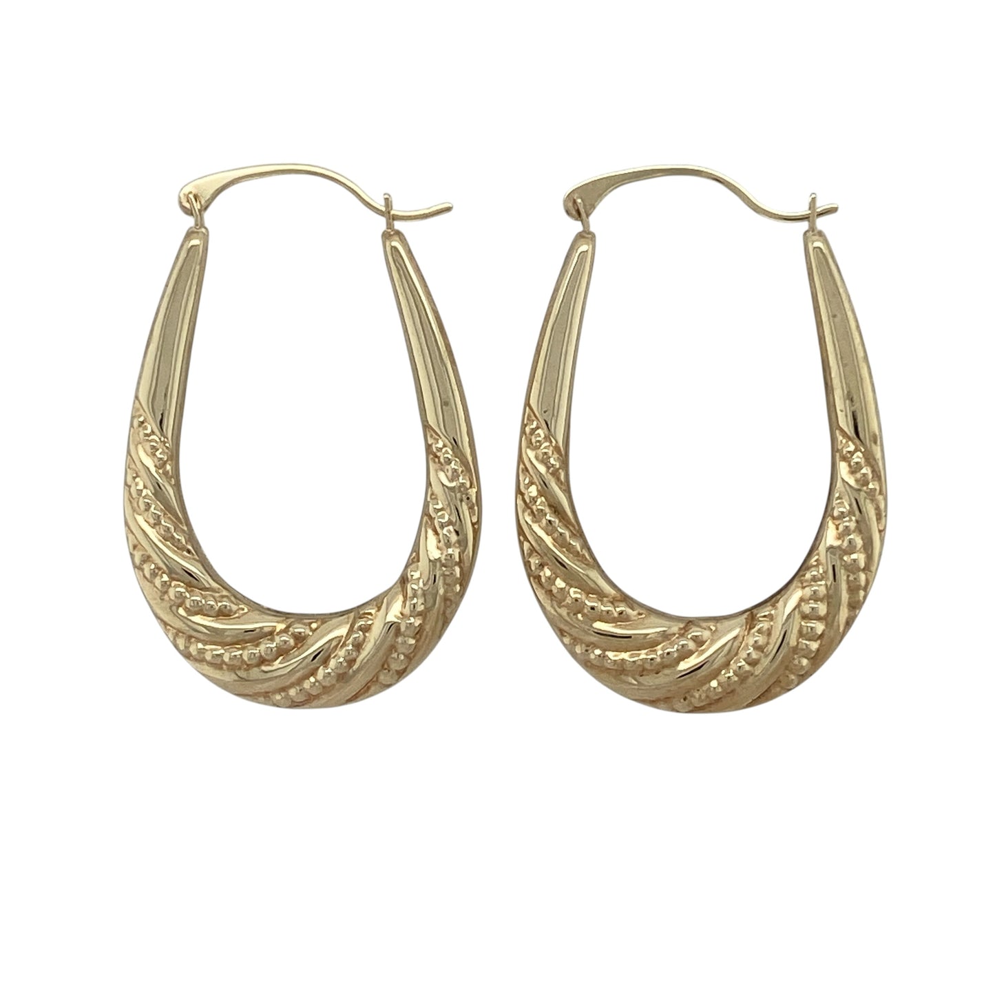 9ct Gold Beaded Twist Patterned Oval Creole Earrings
