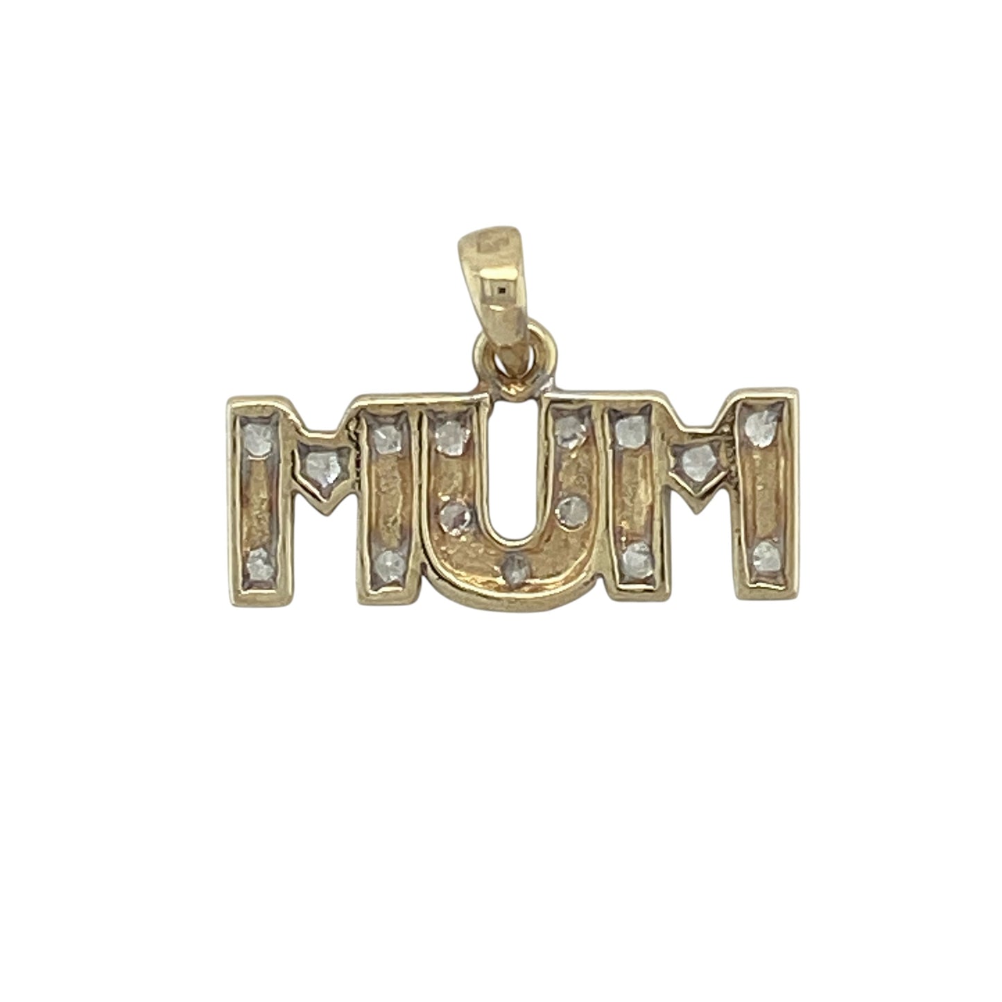 Celebrate love and sentiment with this pre-owned 9ct yellow and white gold cubic zirconia set Mum pendant—an elegant keepsake with a touch of sparkle and two-tone appeal.

Design: The pendant features a classic “Mum” design accented with sparkling cubic zirconia, creating a meaningful and eye-catching finish.
Material: Made from 9-carat yellow and white gold, the contrasting tones enhance the design while complementing the brilliance of the cubic zirconia.