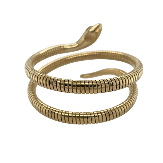 Make a bold and distinctive statement with this pre-owned 9ct yellow gold ruby set snake wrap around bangle—an eye-catching piece that blends symbolism with striking design.

Design: The bangle is styled as a coiled snake that wraps around the wrist or can be worn higher on the arm, with ruby gemstones forming the eyes for a vivid and captivating detail. Its flexible structure allows it to gently adjust for a comfortable and secure fit.