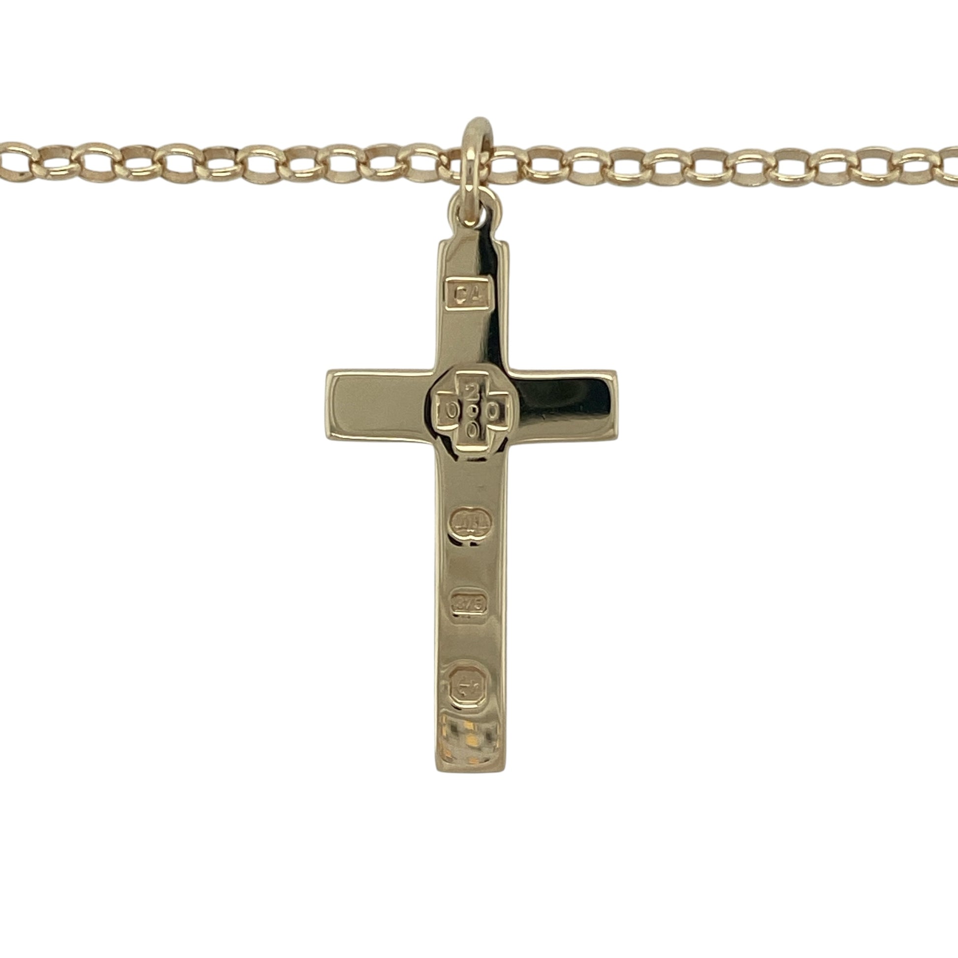 Make a bold statement of faith and style with this pre-owned 9ct yellow solid gold hallmarked cross pendant on a belcher chain necklace—an eye-catching and substantial piece with timeless appeal.

Design: The necklace features a classic cross pendant measuring approximately 4.2cm in length including the bail, paired with an 18" belcher chain for a strong and balanced look.
Material: Made from 9-carat yellow gold, the solid construction and polished finish enhance the rich, warm tone of the metal.