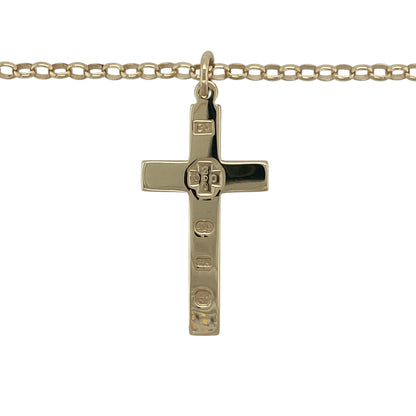 Make a bold statement of faith and style with this pre-owned 9ct yellow solid gold hallmarked cross pendant on a belcher chain necklace—an eye-catching and substantial piece with timeless appeal.

Design: The necklace features a classic cross pendant measuring approximately 4.2cm in length including the bail, paired with an 18" belcher chain for a strong and balanced look.
Material: Made from 9-carat yellow gold, the solid construction and polished finish enhance the rich, warm tone of the metal.