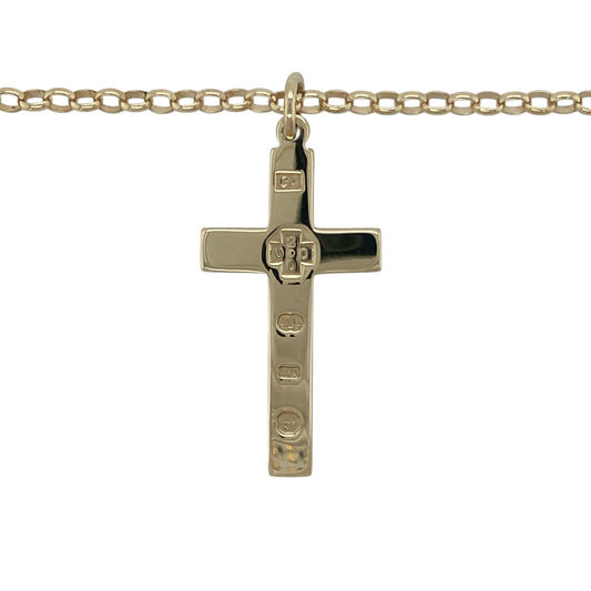 Make a bold statement of faith and style with this pre-owned 9ct yellow solid gold hallmarked cross pendant on a belcher chain necklace—an eye-catching and substantial piece with timeless appeal.

Design: The necklace features a classic cross pendant measuring approximately 4.2cm in length including the bail, paired with an 18" belcher chain for a strong and balanced look.
Material: Made from 9-carat yellow gold, the solid construction and polished finish enhance the rich, warm tone of the metal.