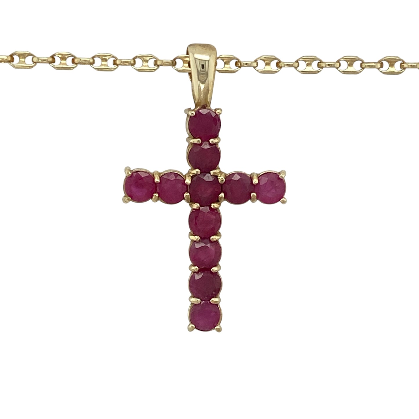 Add a meaningful touch of colour and elegance to your collection with this pre-owned 9ct yellow gold ruby set cross pendant on an anchor chain necklace—an eye-catching piece with timeless appeal.

Design: The necklace features a classic cross pendant measuring approximately 3.7cm in length including the bail, set with ruby gemstones each measuring around 4mm in diameter, creating a rich and vibrant focal point.