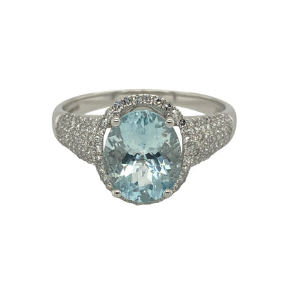 9ct White Gold Diamond & Aquamarine Set Halo Ring