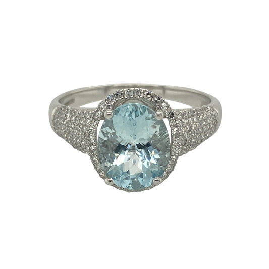 9ct White Gold Diamond & Aquamarine Set Halo Ring