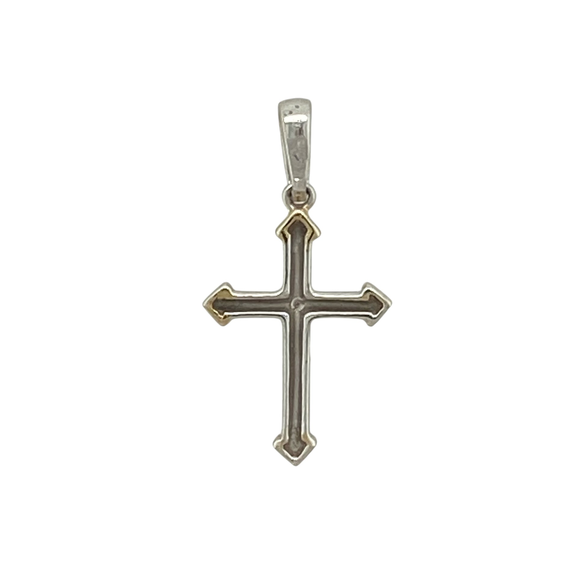 Add a subtle symbol of faith and elegance to your collection with this pre-owned 9ct white gold with yellow gold detail diamond set small cross pendant—an understated piece with timeless appeal.

Design: The pendant features a delicate cross design accented with diamond detailing, with yellow gold highlights adding contrast and depth to the overall look.
Material: Made from 9-carat white gold with yellow gold detail, the polished finish enhances both tones while complementing the sparkle of the diamonds.
