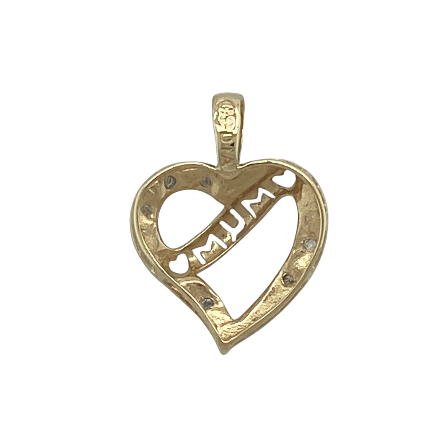 Celebrate love and sentiment with this pre-owned 9ct yellow and white gold diamond set open heart Mum pendant—an elegant and meaningful piece with a delicate touch of sparkle.

Design: The pendant features an open heart design incorporating a “Mum” motif, accented with sparkling diamonds that add a subtle yet eye-catching finish.
Material: Made from 9-carat yellow and white gold, the two-tone finish enhances the design while complementing the brilliance of the diamonds.