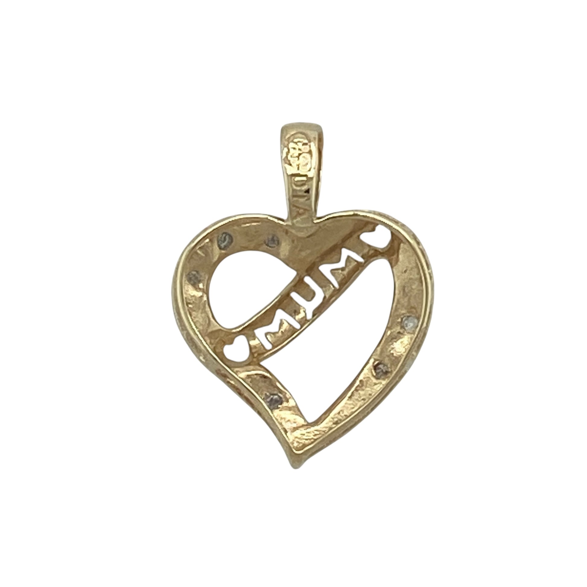 Celebrate love and sentiment with this pre-owned 9ct yellow and white gold diamond set open heart Mum pendant—an elegant and meaningful piece with a delicate touch of sparkle.

Design: The pendant features an open heart design incorporating a “Mum” motif, accented with sparkling diamonds that add a subtle yet eye-catching finish.
Material: Made from 9-carat yellow and white gold, the two-tone finish enhances the design while complementing the brilliance of the diamonds.