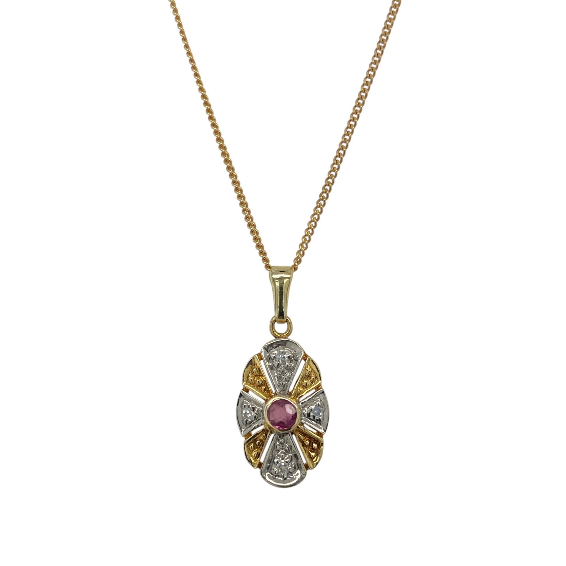 9ct Gold Diamond & Ruby Set Art Deco Style 16" Necklace