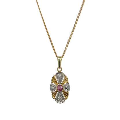 9ct Gold Diamond & Ruby Set Art Deco Style 16" Necklace