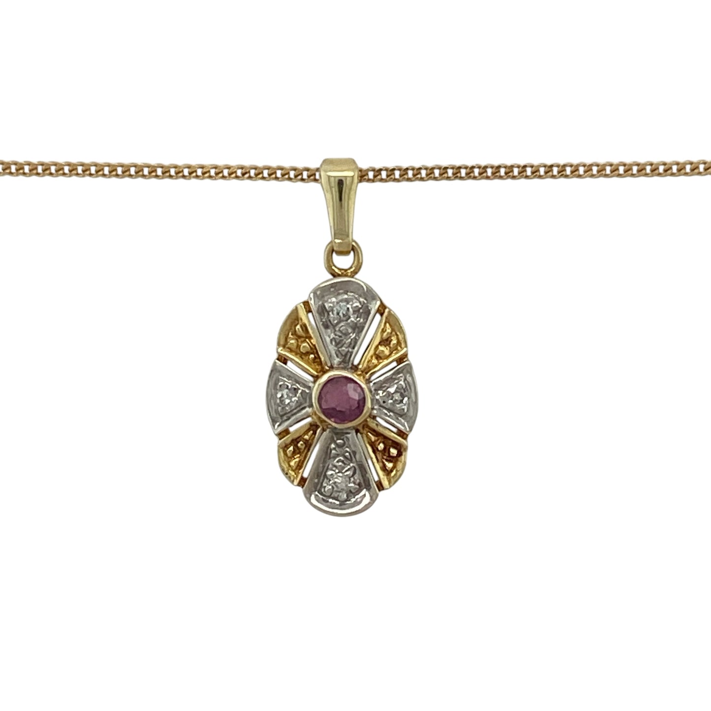 Add vintage-inspired elegance and rich colour to your collection with this pre-owned 9ct yellow and white gold diamond and ruby set Art Deco style pendant on a curb chain necklace—an eye-catching piece with timeless charm.

Design: The necklace features an Art Deco style pendant measuring approximately 2.4cm in length including the bail, with a 3mm round ruby at the centre, surrounded by geometric detailing and accented with sparkling diamonds for a refined finish.