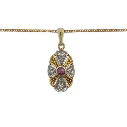 Add vintage-inspired elegance and rich colour to your collection with this pre-owned 9ct yellow and white gold diamond and ruby set Art Deco style pendant on a curb chain necklace—an eye-catching piece with timeless charm.

Design: The necklace features an Art Deco style pendant measuring approximately 2.4cm in length including the bail, with a 3mm round ruby at the centre, surrounded by geometric detailing and accented with sparkling diamonds for a refined finish.