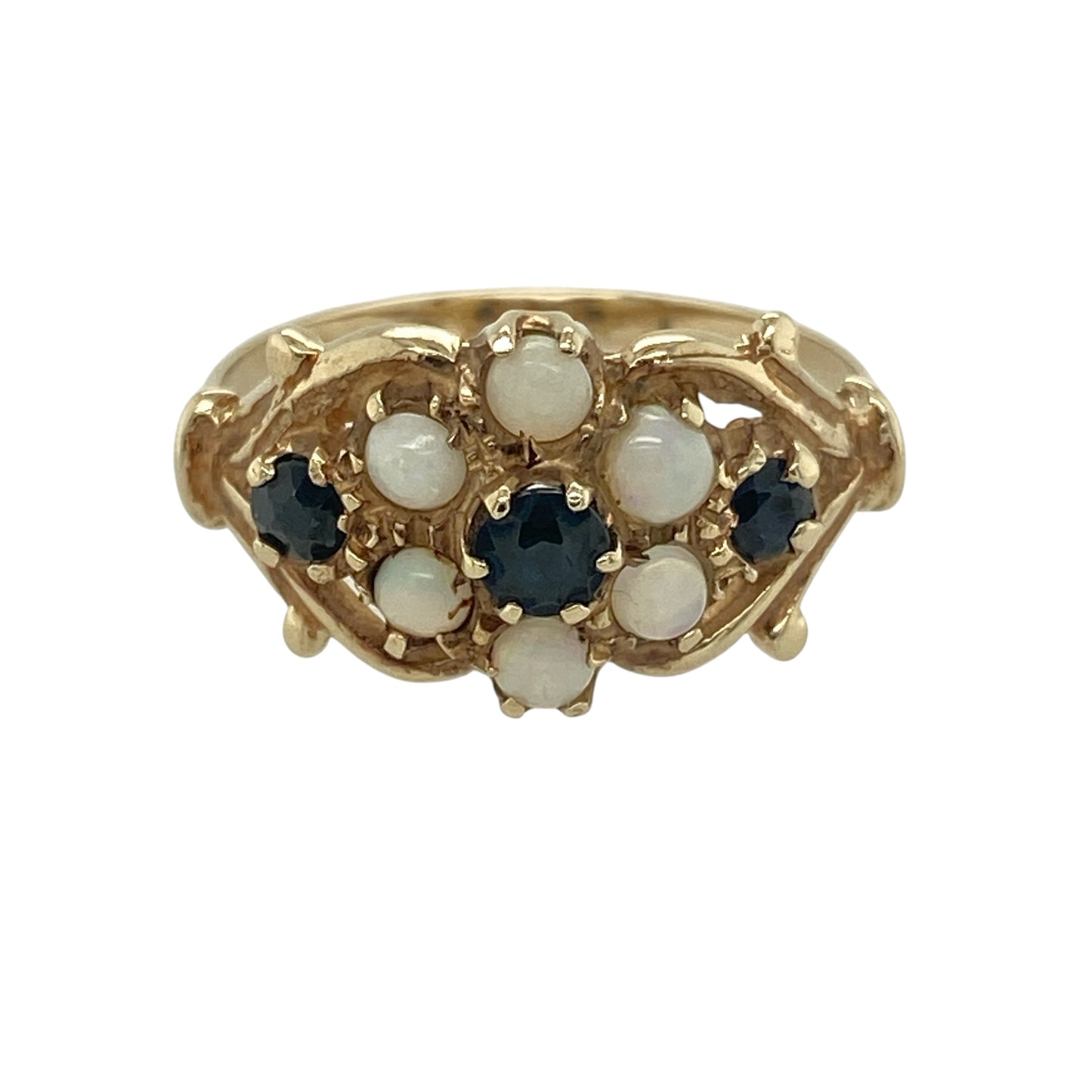 9ct Gold Opalique & Sapphire Set Vintage Style Flower Ring