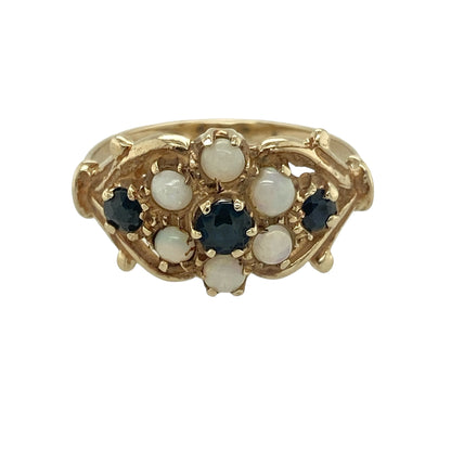 9ct Gold Opalique & Sapphire Set Vintage Style Flower Ring