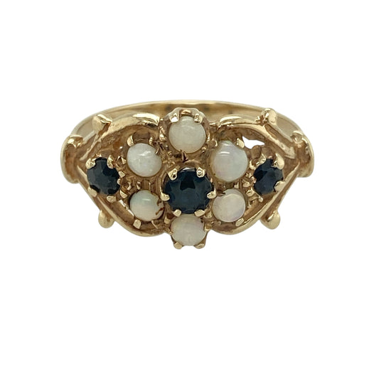 9ct Gold Opalique & Sapphire Set Vintage Style Flower Ring