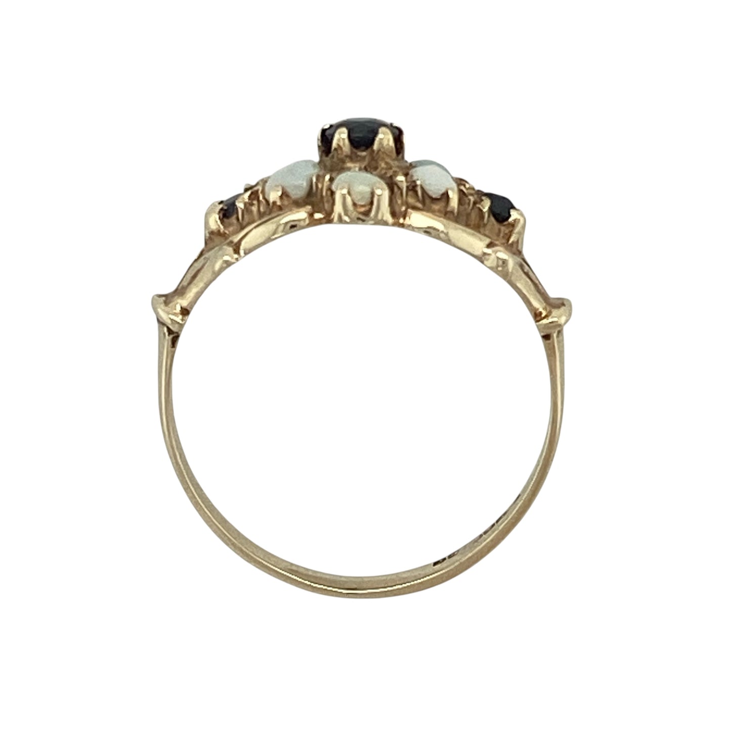 9ct Gold Opalique & Sapphire Set Vintage Style Flower Ring