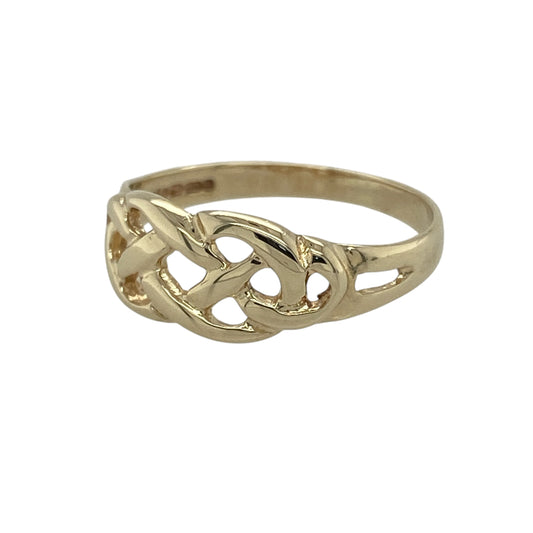 Add timeless symbolism and intricate detail to your collection with this pre-owned 9ct yellow gold open Celtic knot ring—an elegant piece inspired by heritage design.

Design: The ring features an open Celtic knot motif at the front measuring approximately 7mm in height, showcasing interwoven lines that create a flowing and meaningful pattern.
Material: Made from 9-carat yellow gold, the polished finish enhances the warmth of the metal while highlighting the intricate knotwork.