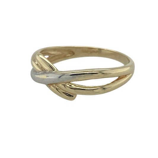 Add contemporary style and two-tone elegance to your collection with this pre-owned 9ct yellow and white gold crossover band ring—an effortlessly stylish piece with a modern twist.

Design: The ring features a crossover band design measuring approximately 5mm in width, creating a flowing and dynamic look with clean, interweaving lines.
Material: Made from 9-carat yellow and white gold, the contrasting tones enhance the design and add depth and visual interest.