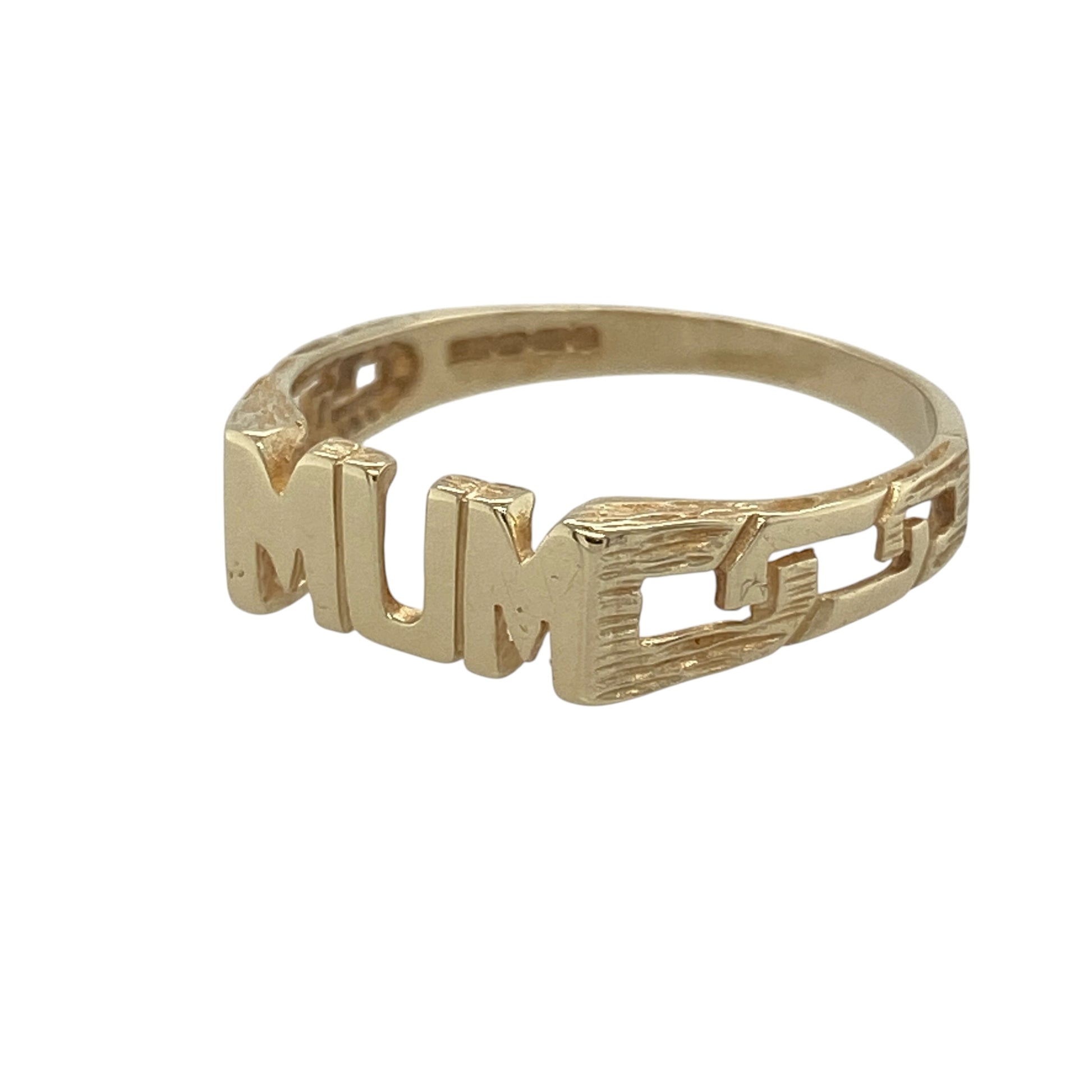 Celebrate love and sentiment with this pre-owned 9ct yellow gold Mum ring—an elegant and meaningful piece with classic appeal.

Design: The ring features a front measuring approximately 5mm in width, showcasing a traditional Mum design, with open curb link patterned shoulders adding texture and visual interest.
Material: Made from 9-carat yellow gold, the polished finish enhances the warmth of the metal while highlighting the detailed design.