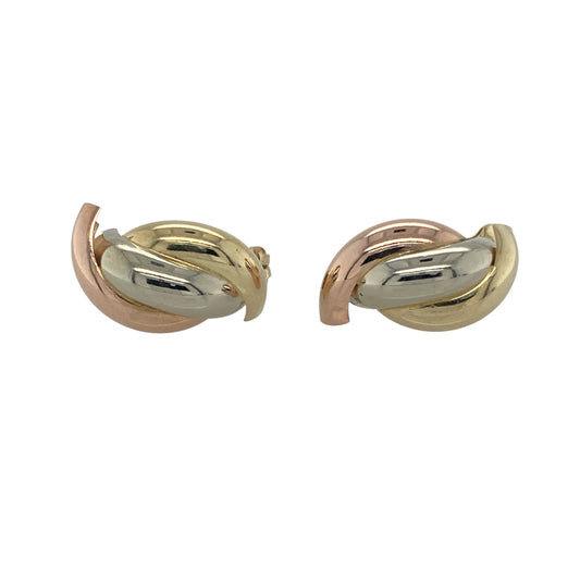 Add elegant texture and multi-tone style to your collection with these pre-owned 9ct yellow, white and rose gold three strand weave stud earrings—an effortlessly stylish pair with timeless appeal.

Design: The earrings feature a three-strand woven design, intertwining yellow, white, and rose gold to create a layered and eye-catching look with subtle movement and depth.