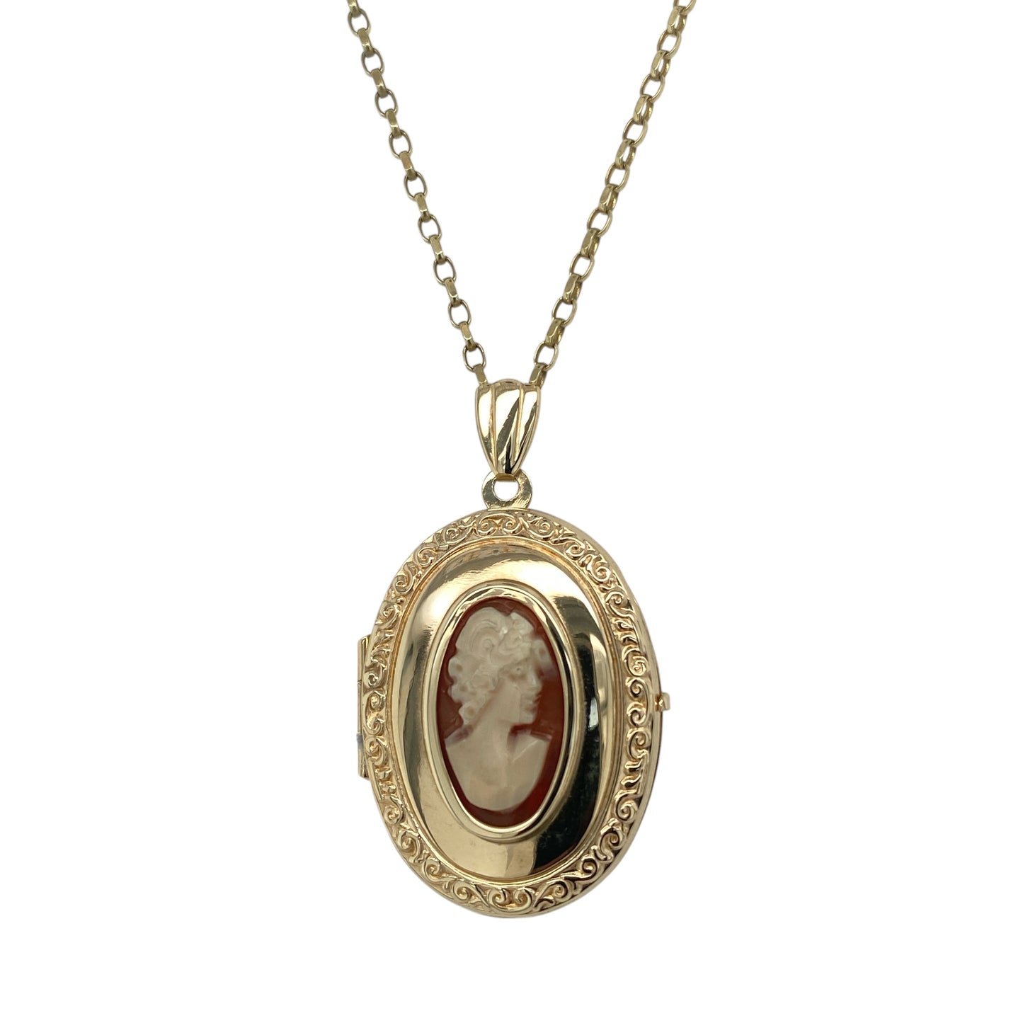 9ct Gold & Cameo Set Patterned Oval Locket 20" Necklace