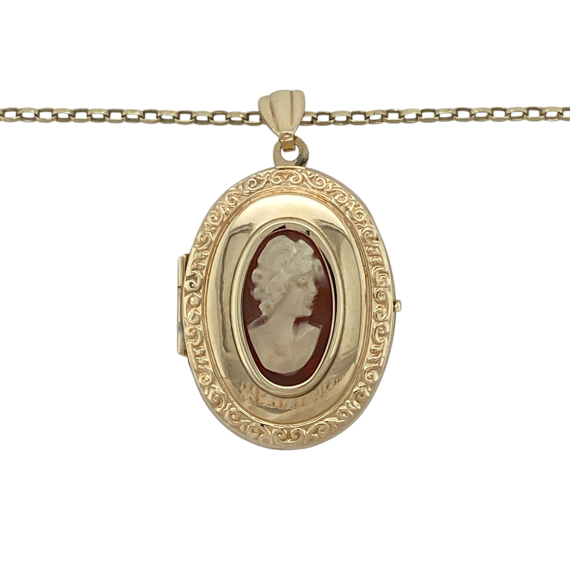 Add vintage charm and timeless elegance to your collection with this pre-owned 9ct yellow gold cameo set patterned oval locket on a belcher chain necklace—an eye-catching piece with classic appeal.

Design: The necklace features an oval locket measuring approximately 3.5cm in length including the bail, showcasing a beautifully detailed cameo measuring around 14mm by 8mm, set within a patterned gold surround for a refined vintage look.