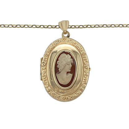 Add vintage charm and timeless elegance to your collection with this pre-owned 9ct yellow gold cameo set patterned oval locket on a belcher chain necklace—an eye-catching piece with classic appeal.

Design: The necklace features an oval locket measuring approximately 3.5cm in length including the bail, showcasing a beautifully detailed cameo measuring around 14mm by 8mm, set within a patterned gold surround for a refined vintage look.