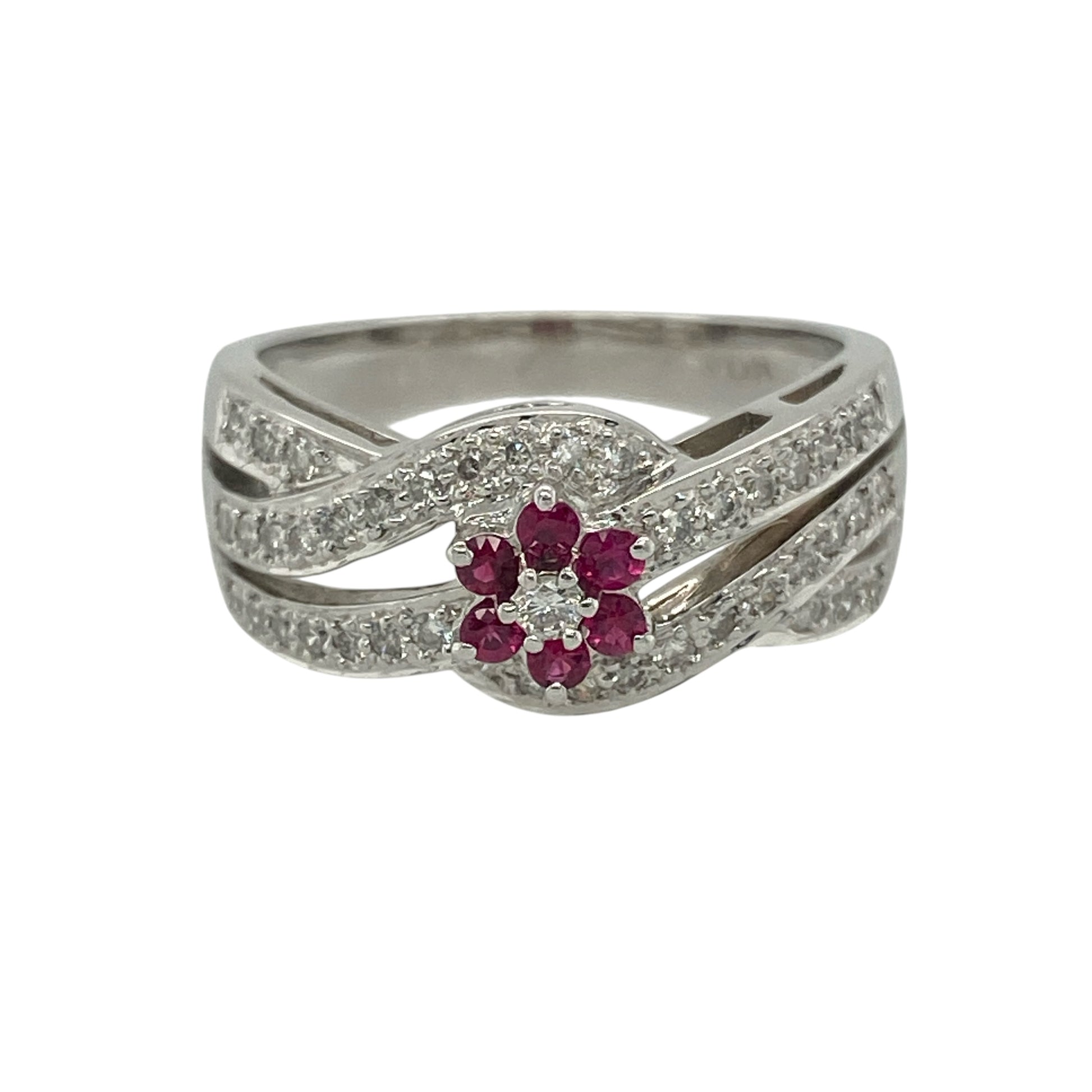 14ct White Gold Diamond & Ruby Set Flower Cluster Band Ring