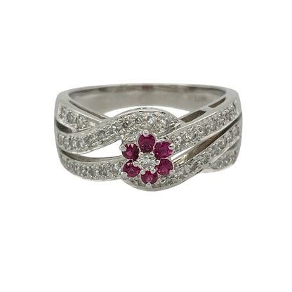 14ct White Gold Diamond & Ruby Set Flower Cluster Band Ring