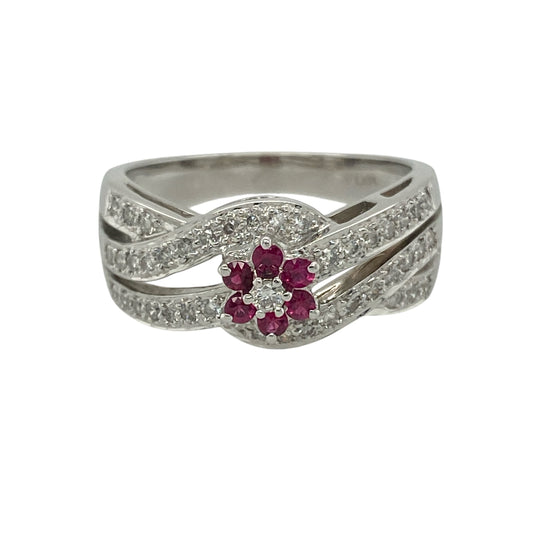 14ct White Gold Diamond & Ruby Set Flower Cluster Band Ring