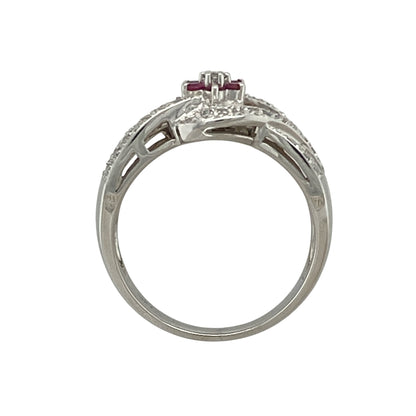 14ct White Gold Diamond & Ruby Set Flower Cluster Band Ring