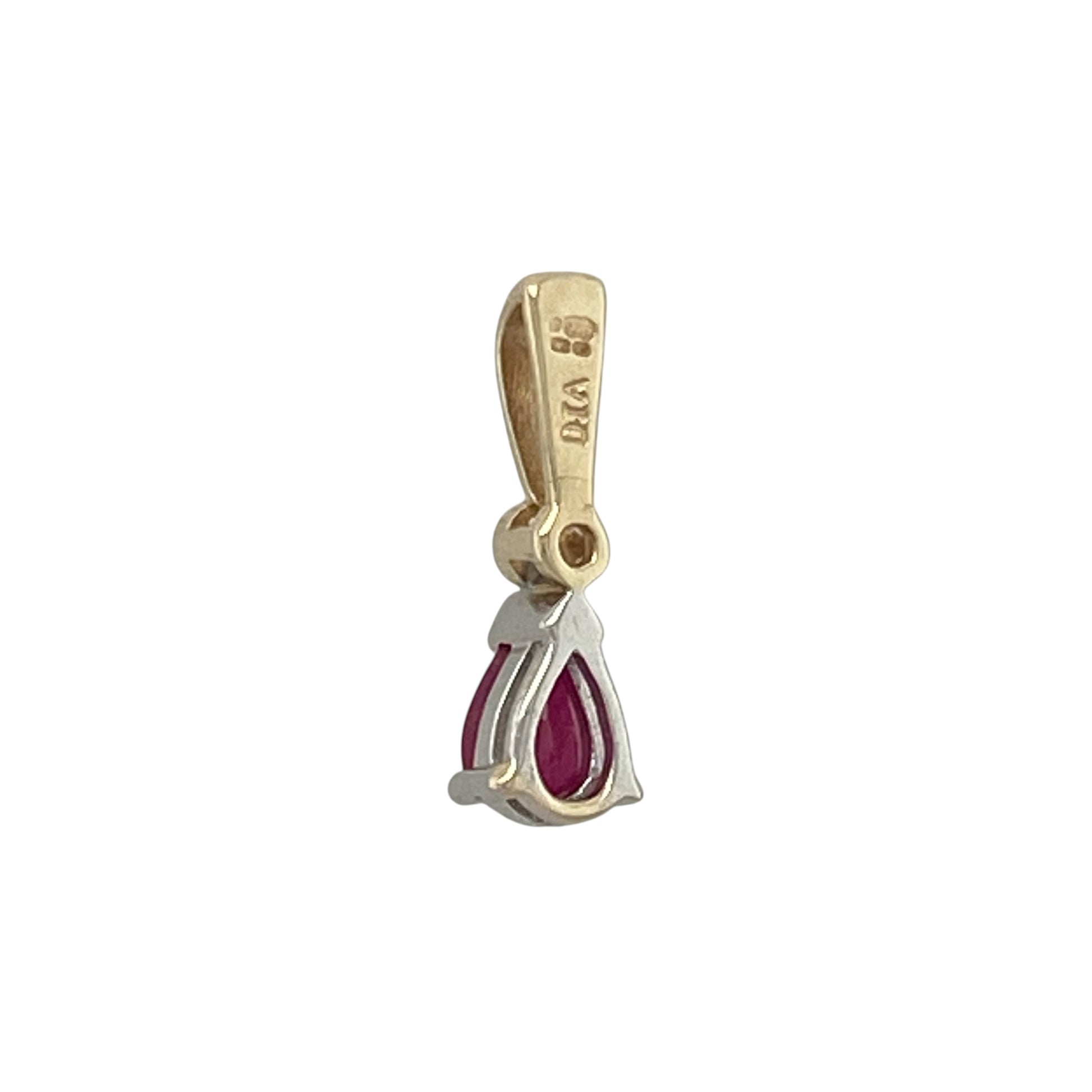 Add a touch of elegance and rich colour to your collection with this pre-owned 9ct yellow gold diamond and ruby set pendant—an effortlessly stylish piece with timeless appeal.

Design: The pendant features a 5mm by 3mm teardrop-shaped ruby, complemented by sparkling diamond accents that enhance its deep red tone and create a refined focal point.