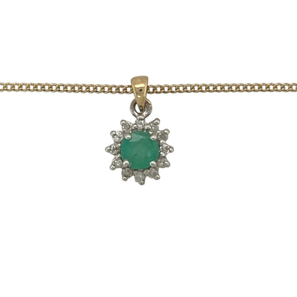 Add elegant colour and timeless sparkle to your collection with this pre-owned 9ct yellow gold diamond and emerald set pendant on a curb chain necklace—an effortlessly stylish piece with classic appeal.

Design: The necklace features a pendant measuring approximately 1.5cm in length including the bail, set with a 5mm round emerald at the centre, complemented by sparkling diamond accents that enhance its rich green tone.