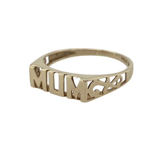 Celebrate love and sentiment with this pre-owned 9ct yellow gold Mum ring—an elegant and meaningful piece with timeless appeal.

Design: The ring features a front measuring approximately 5mm in width, showcasing a classic Mum design, with open patterned shoulders adding a light and decorative touch.
Material: Made from 9-carat yellow gold, the polished finish enhances the warmth of the metal while highlighting the detailed design.