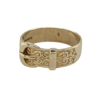 Add distinctive style and timeless character to your collection with this pre-owned 9ct yellow gold patterned buckle ring—an eye-catching piece with classic appeal.

Design: The ring features a detailed buckle motif at the front measuring approximately 9mm in width, finished with patterned detailing that adds texture and visual interest.
Material: Made from 9-carat yellow gold, the polished and textured finish enhances the warmth of the metal while highlighting the intricate design.