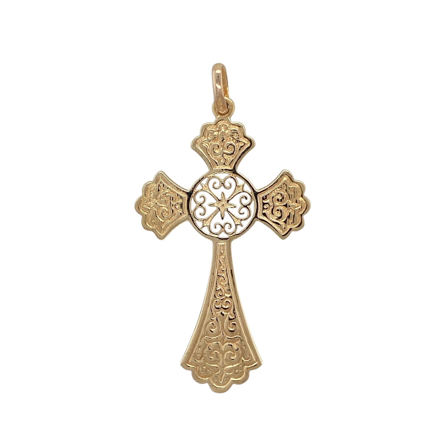 Make a bold and meaningful statement with this pre-owned 9ct yellow gold fancy patterned large cross pendant—an eye-catching piece with timeless appeal.

Design: The pendant features a large cross design with decorative patterned detailing, creating texture and visual interest while maintaining a classic and recognisable shape.
Material: Made from 9-carat yellow gold, the polished and patterned finish enhances the warmth of the metal and highlights the intricate design.