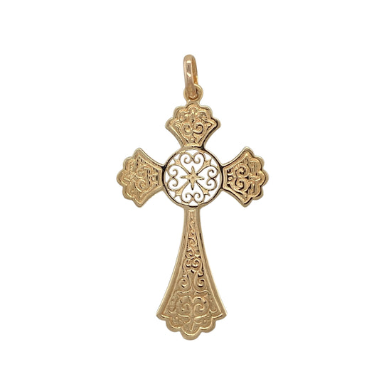 Make a bold and meaningful statement with this pre-owned 9ct yellow gold fancy patterned large cross pendant—an eye-catching piece with timeless appeal.

Design: The pendant features a large cross design with decorative patterned detailing, creating texture and visual interest while maintaining a classic and recognisable shape.
Material: Made from 9-carat yellow gold, the polished and patterned finish enhances the warmth of the metal and highlights the intricate design.