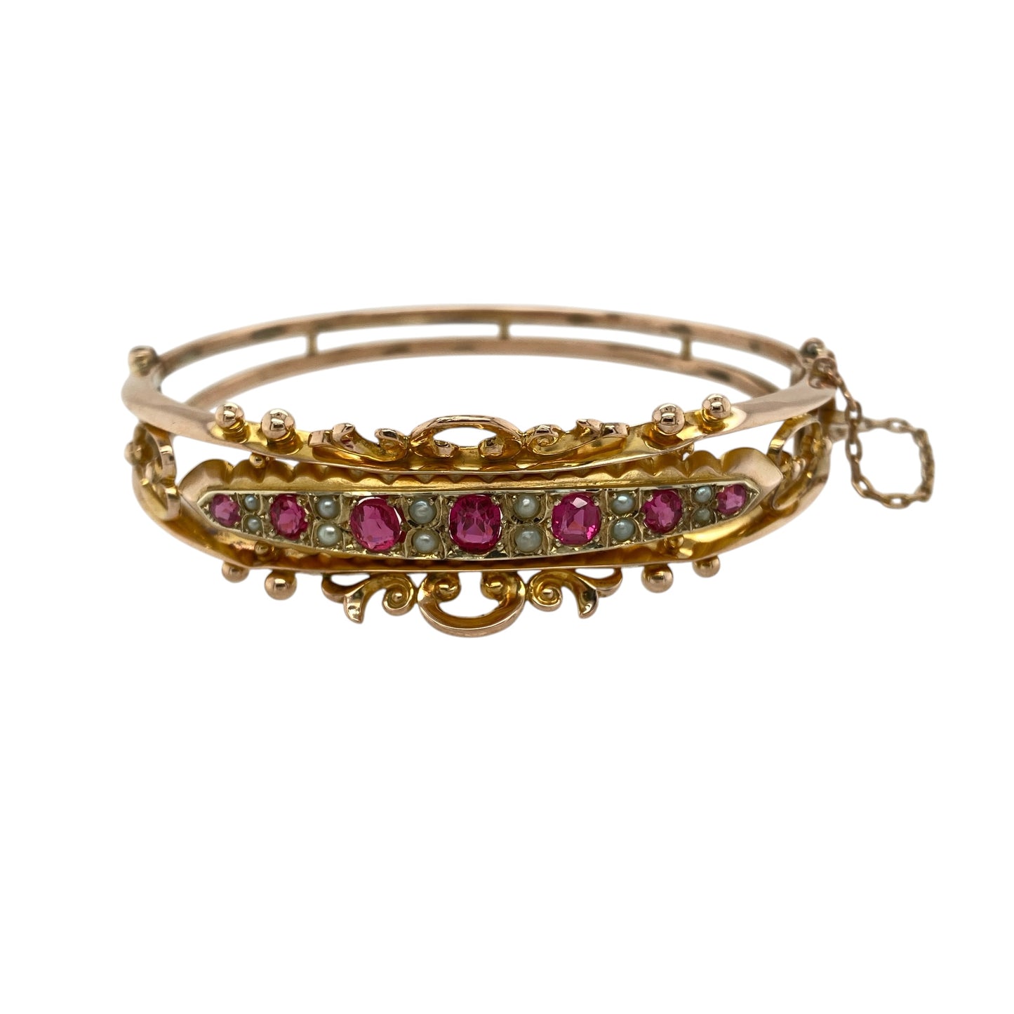 9ct Gold Ruby & Pearl Set Vintage Style Bangle