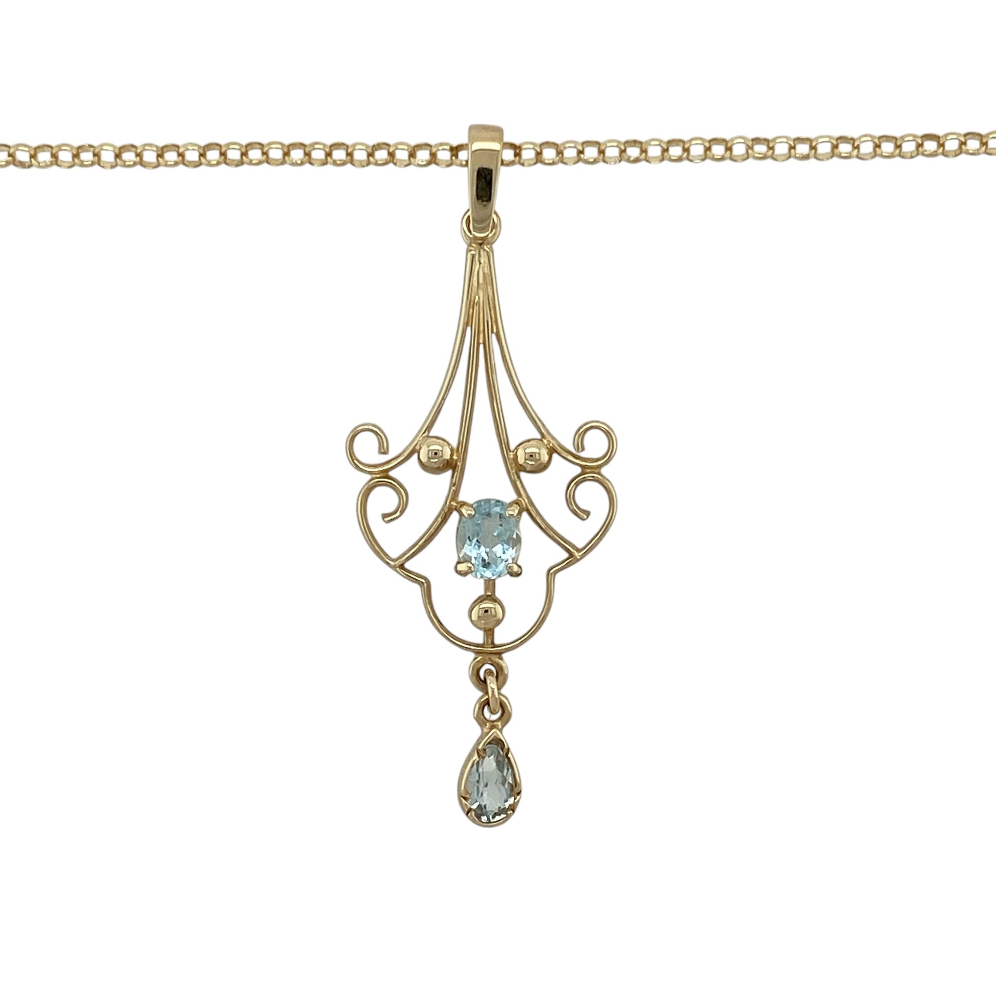 Add vintage-inspired elegance and a touch of colour to your collection with this pre-owned 9ct yellow gold blue topaz set fancy pendant on a belcher chain necklace—an eye-catching piece with timeless appeal.

Design: The necklace features a decorative vintage-style pendant measuring approximately 4.5cm in length including the bail, set with a blue topaz gemstone that adds a soft and refreshing pop of colour.