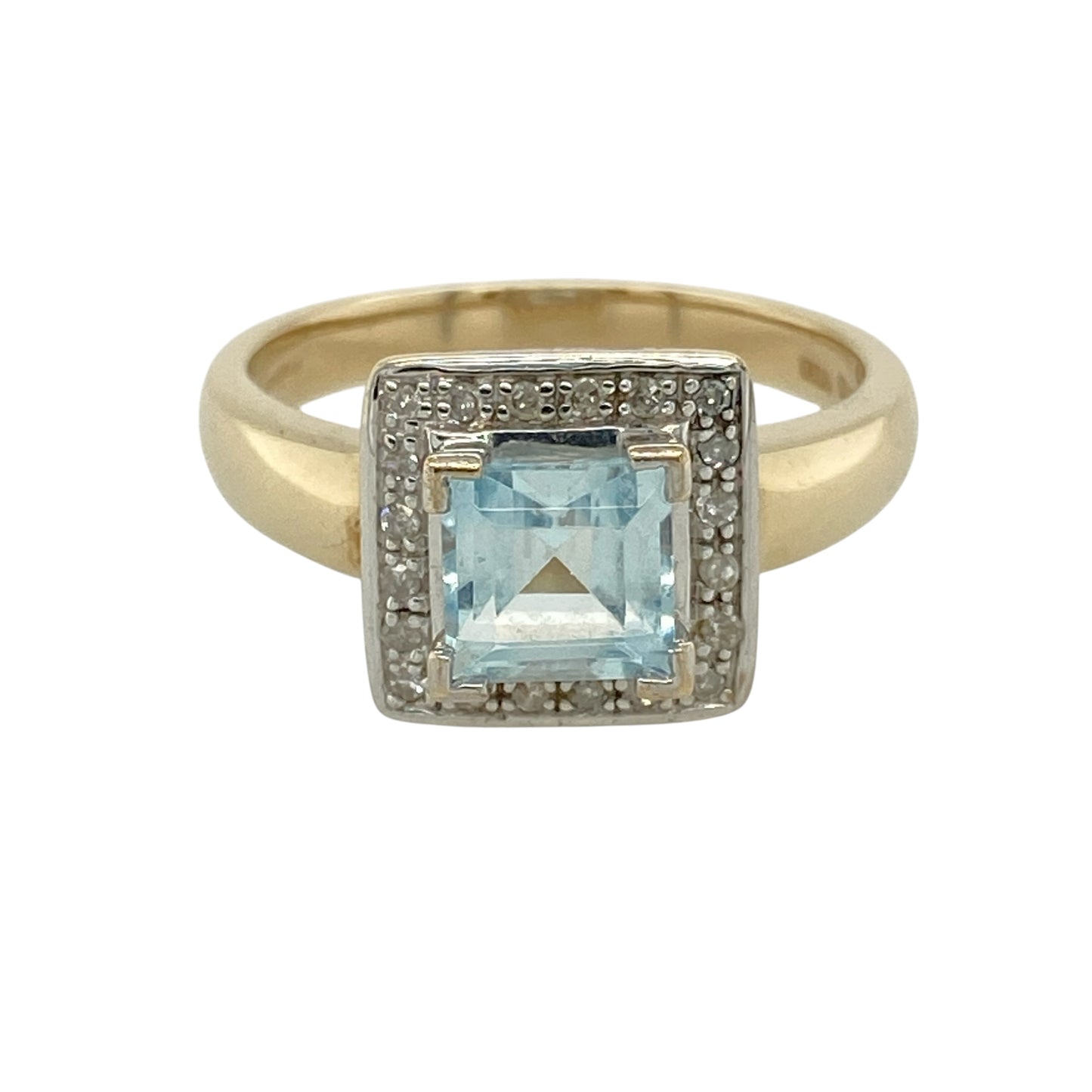 9ct Gold Diamond & Aquamarine Set Square Halo Ring